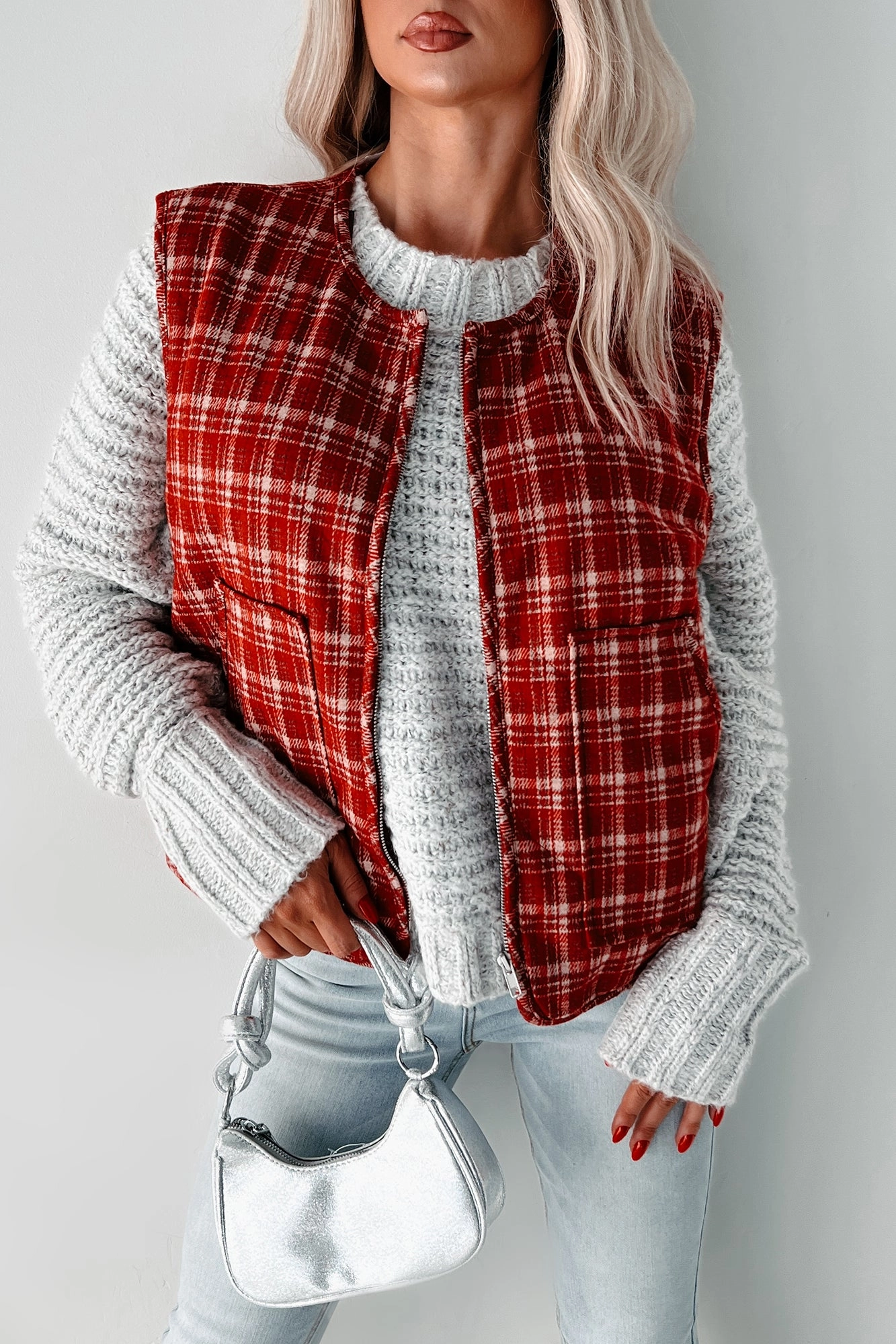 Fireside Chats Quilted Plaid Vest (Red Plaid) CarbonNeutral Production Textured Fabric Finish