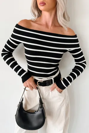 First Crush Off The Shoulder Ribbed Stripe Top (Black/Cream) Comfort Cushion Neckline MultipanelLayout