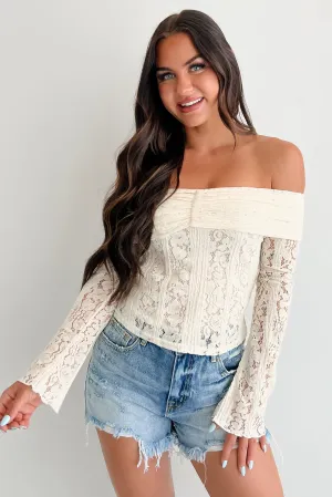Bonded Hemline Double Layered Fabric First Kiss Feelings Off Shoulder Lace Top (Ivory)