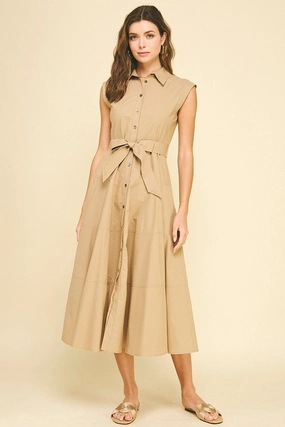 Flattering Layer Comfort and Elegance Khaki Button Down Maxi Dress