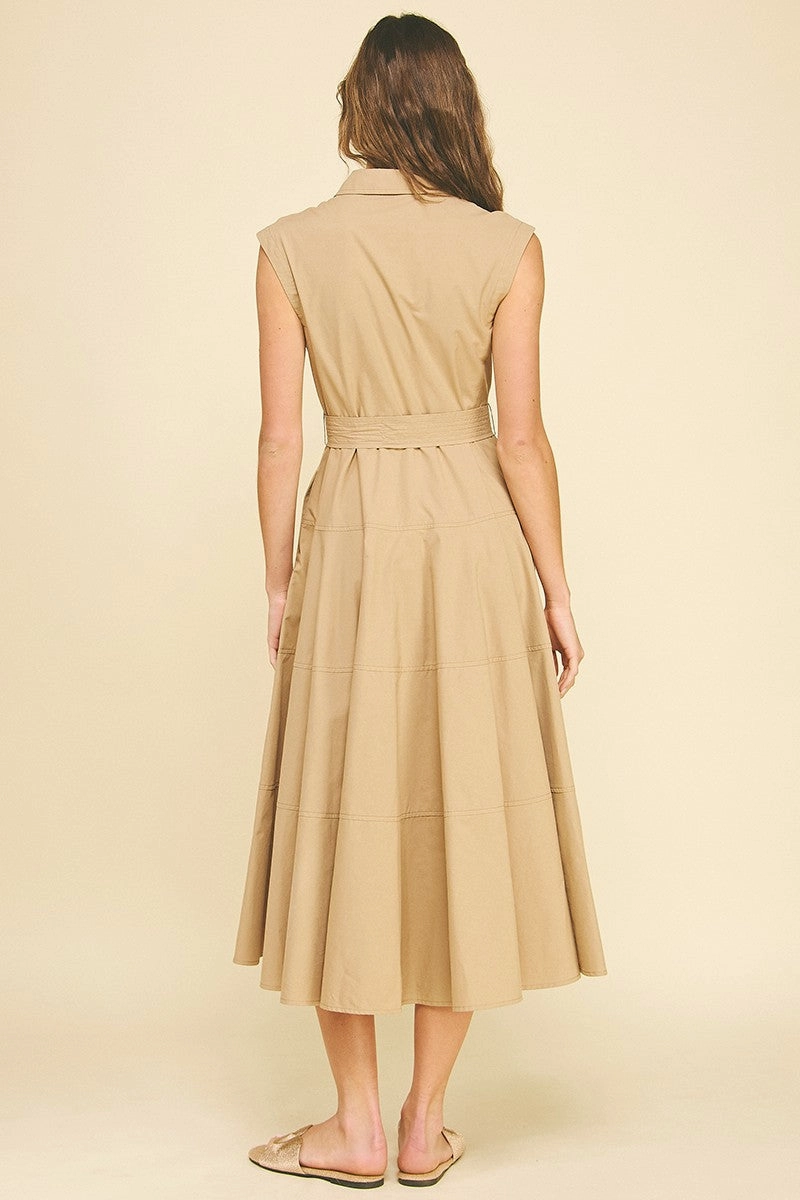 Open-back Khaki Button Down Maxi Dress