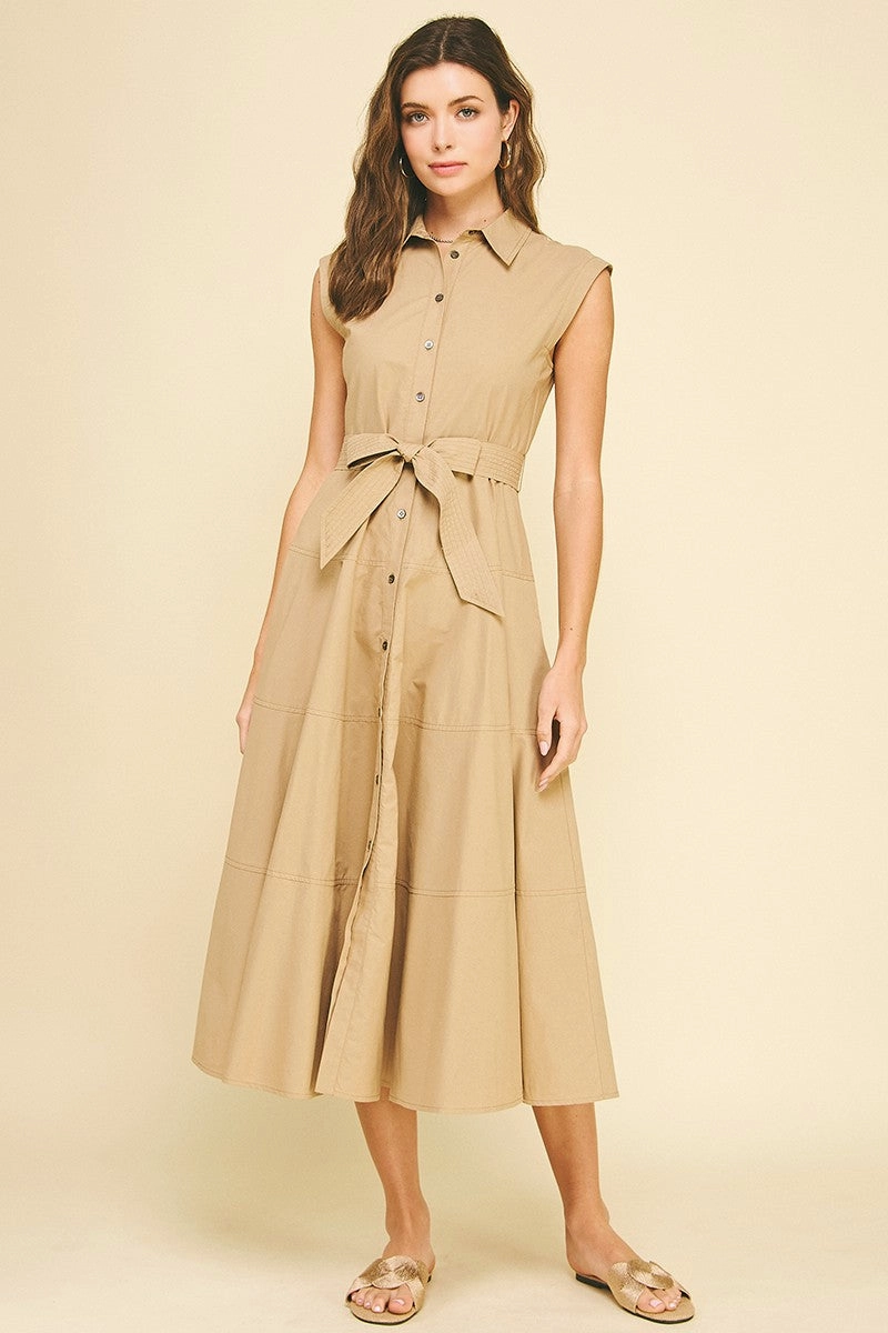 Flattering Layer Comfort and Elegance Khaki Button Down Maxi Dress