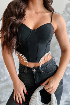 Reinforced Neckline Temperature control Fixed On You Rhinestone Pearl Fringe Top (Black)