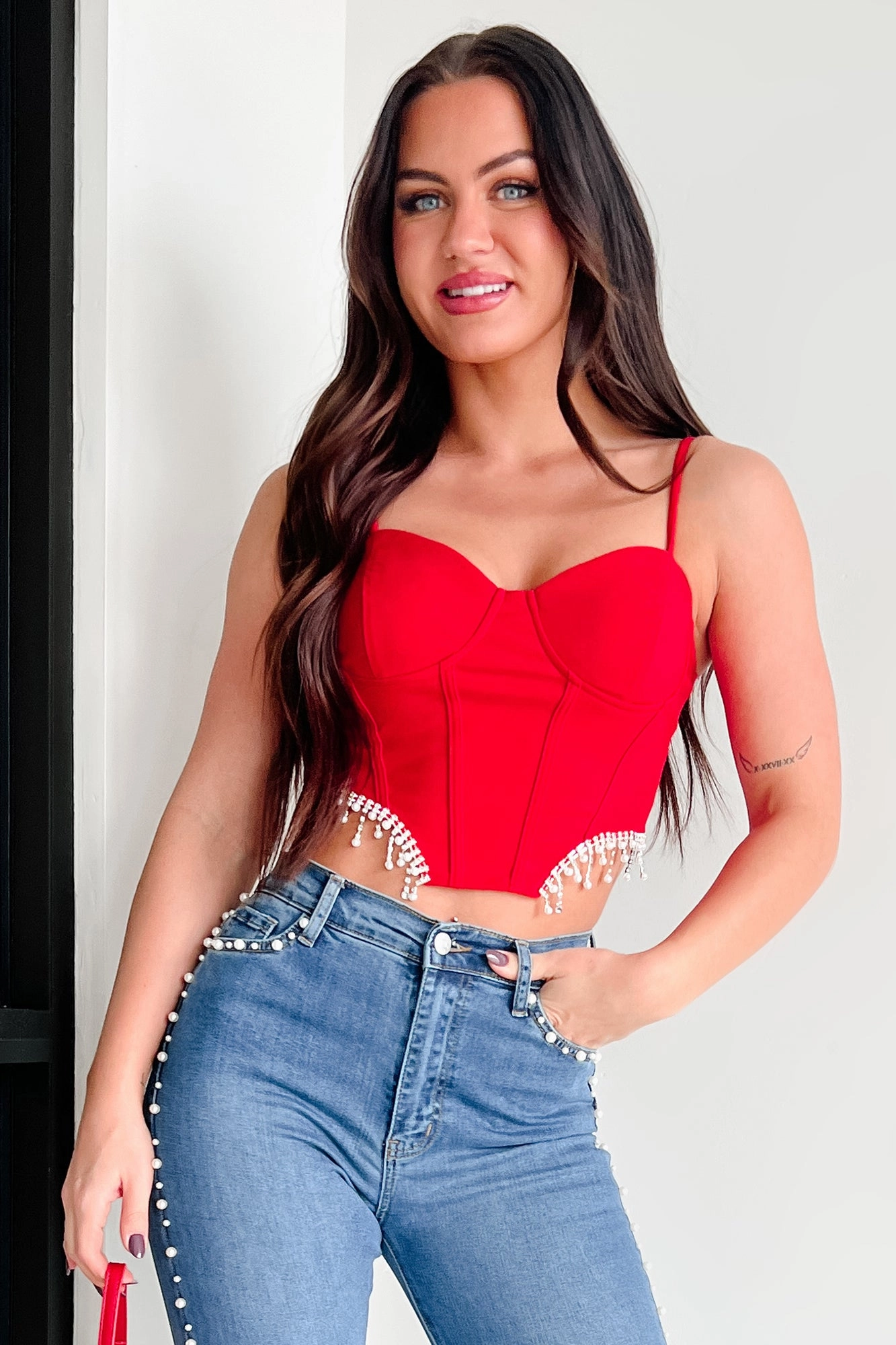 ReinforcedShoulderConstruction Lightweight insulation Fixed On You Rhinestone Pearl Fringe Top (Red)