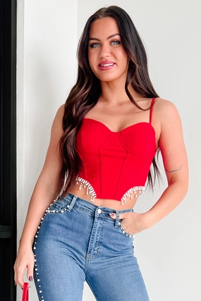 Fixed On You Rhinestone Pearl Fringe Top (Red) Tapered Cut Ribbed Trim
