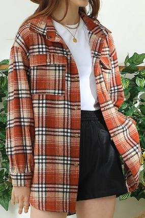 FLANNEL PLAID JACKET SHACKET WITHOUT SIDE POCKET Soft Knit MultiFunctionalPockets