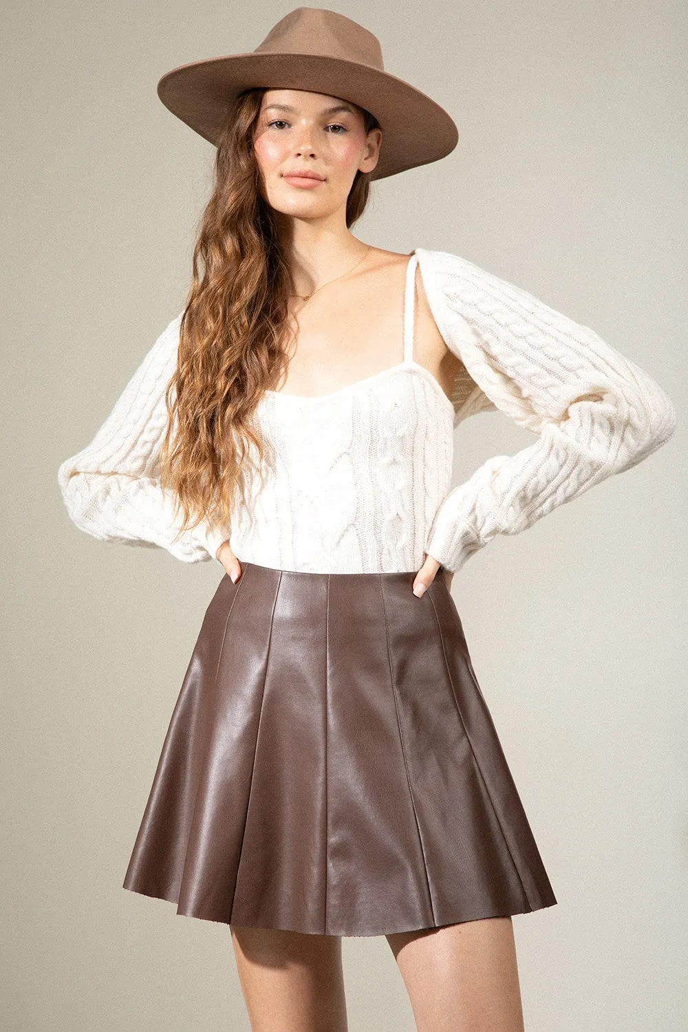 Flare leather mini skirt - Espresso