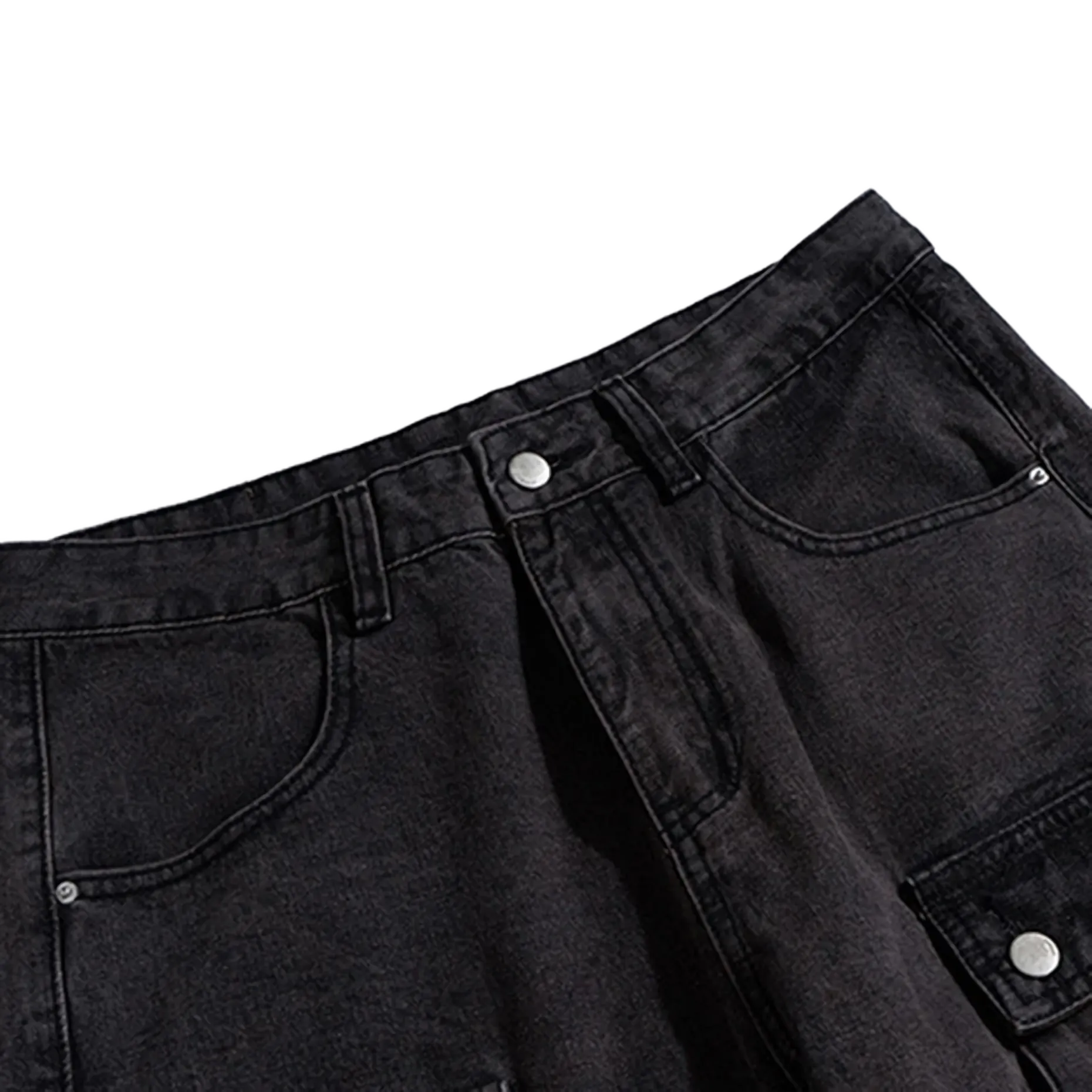 Flared Black Denim Utility Cargo Jeans