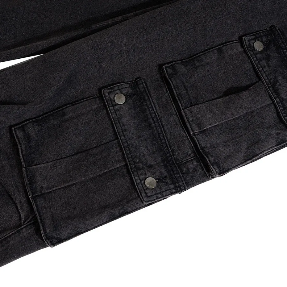 Flared Black Denim Utility Cargo Jeans