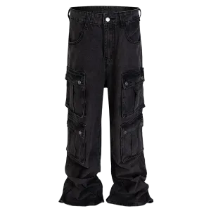 Flared Black Denim Utility Cargo Jeans