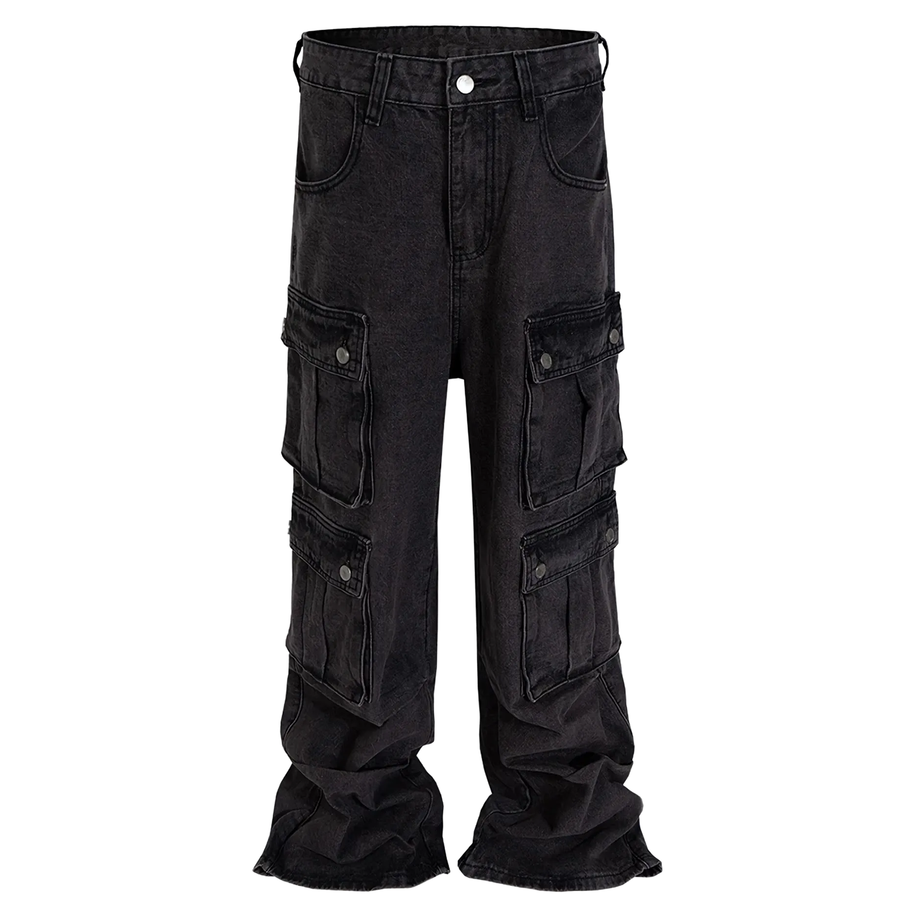 Flared Black Denim Utility Cargo Jeans