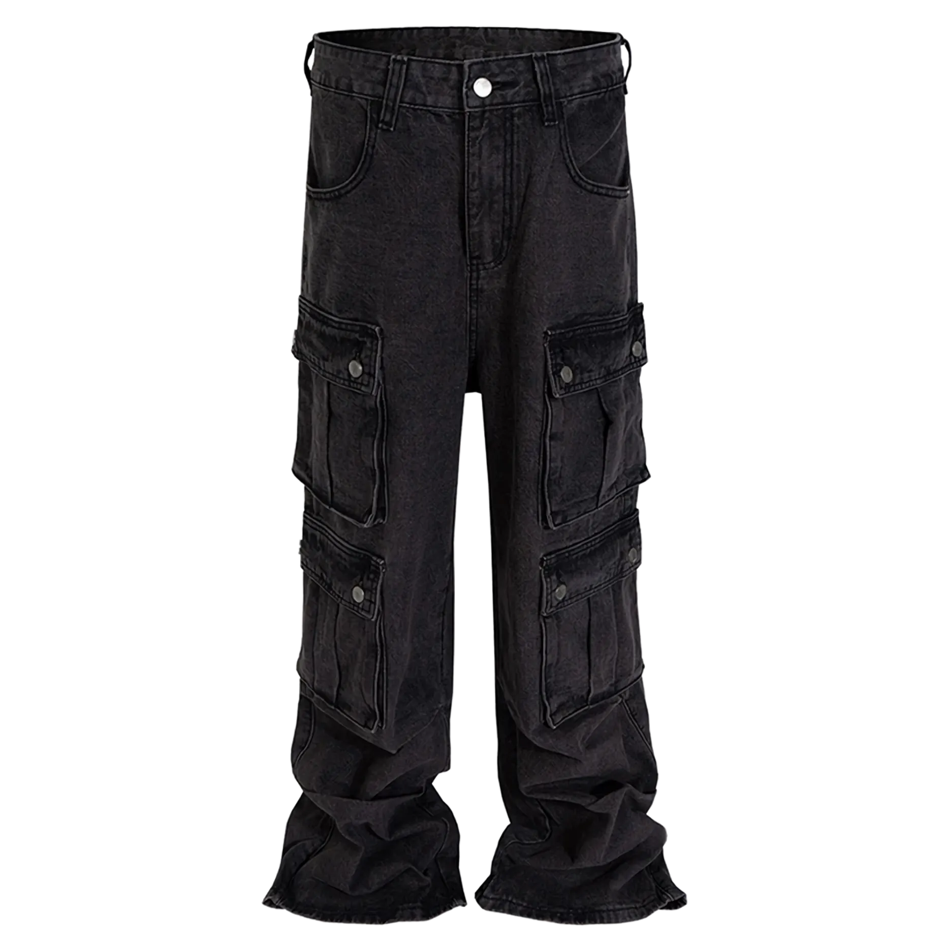 Flared Black Denim Utility Cargo Jeans