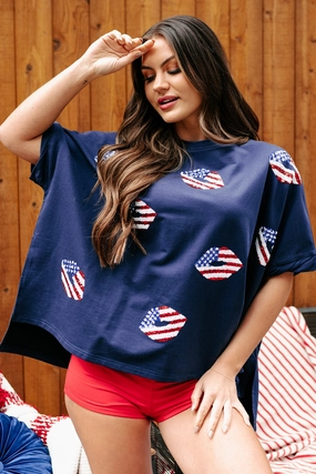 DurableCollarStays American Kisses Oversized Sequin Graphic Top (Navy)