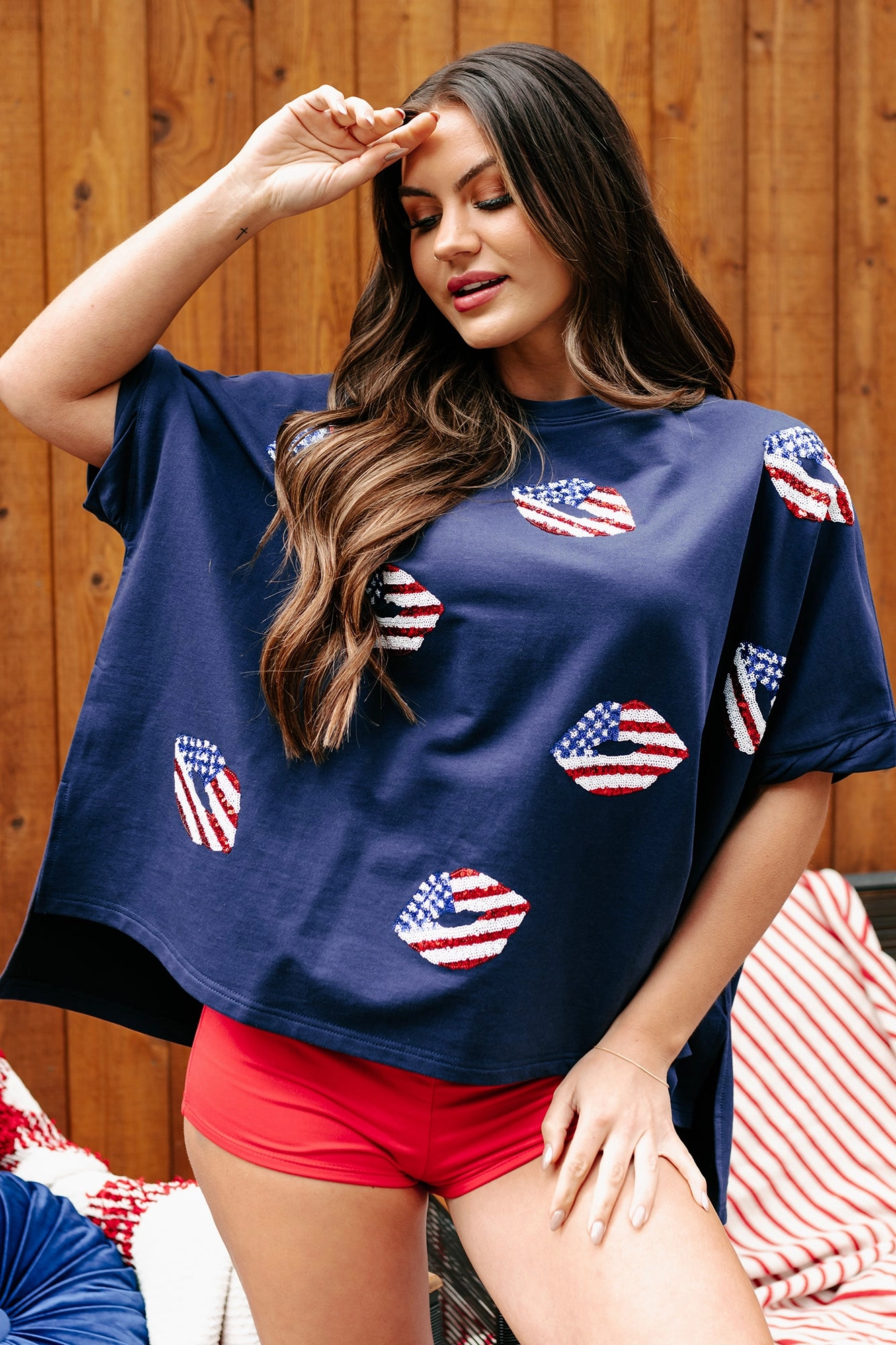 American Kisses Oversized Sequin Graphic Top (Navy) ErgonomicSleeves Sleeveless Top
