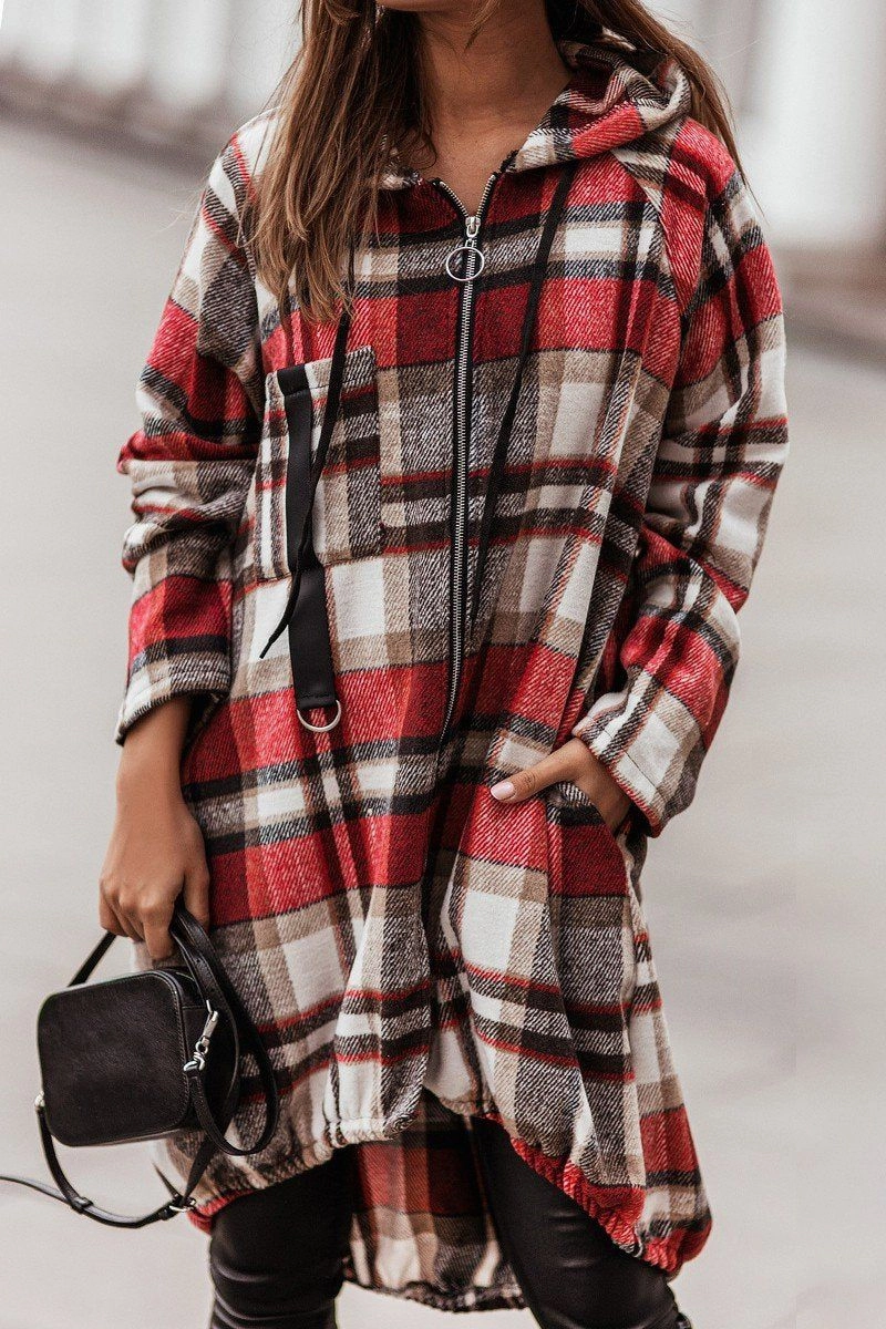 Microfiber Material ELASTIC HEM ZIP UP PLAID PATTERN LONG JACKET