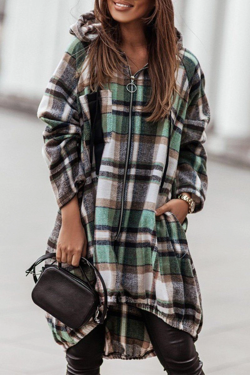 Non Chafing Side Seams ELASTIC HEM ZIP UP PLAID PATTERN LONG JACKET