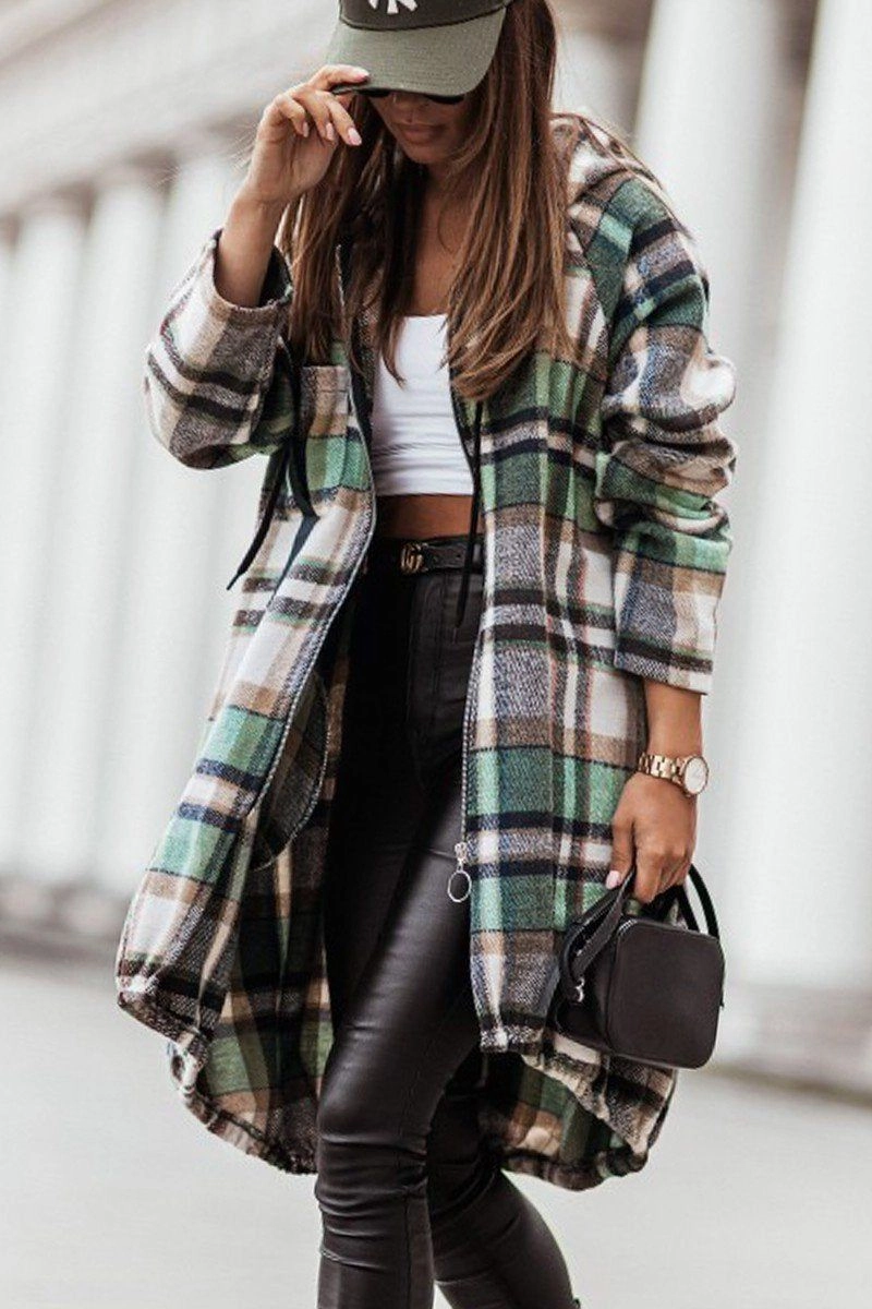 Oversized Collar Stay Cool Technology ELASTIC HEM ZIP UP PLAID PATTERN LONG JACKET