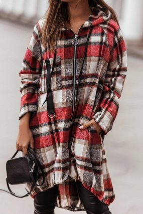 Microfiber Material ELASTIC HEM ZIP UP PLAID PATTERN LONG JACKET