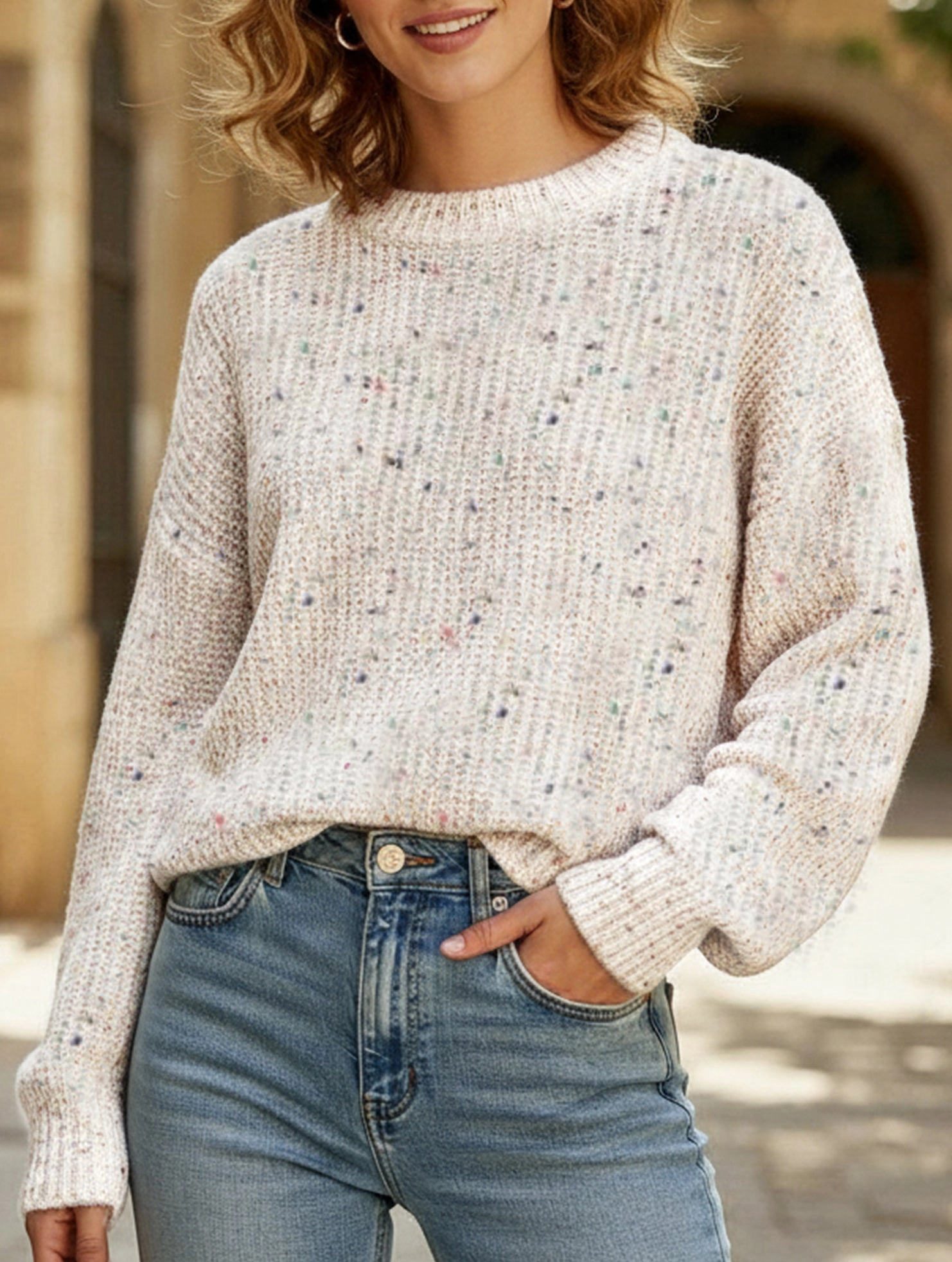 Colorful polka dot long-sleeved knitted sweater Classic Crew Neck