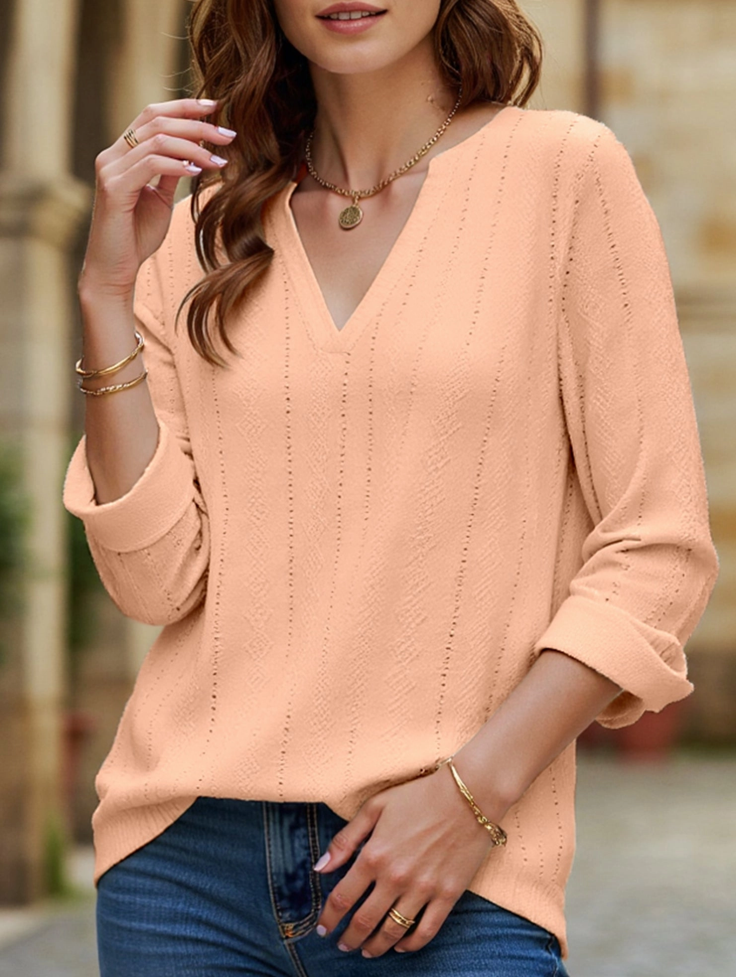 V-neck mid-sleeve button-up jacquard T-shirt WeightedHem UPFProtection