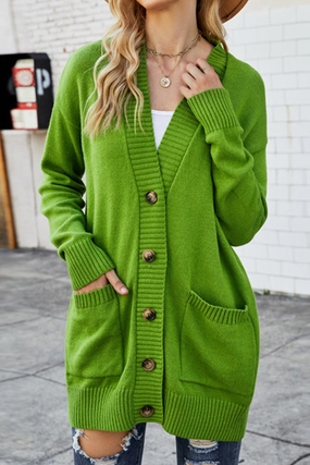 BUTTON CLOSURE RIBBED KNIT CARDIGAN WITH POCKETS Activewear Top