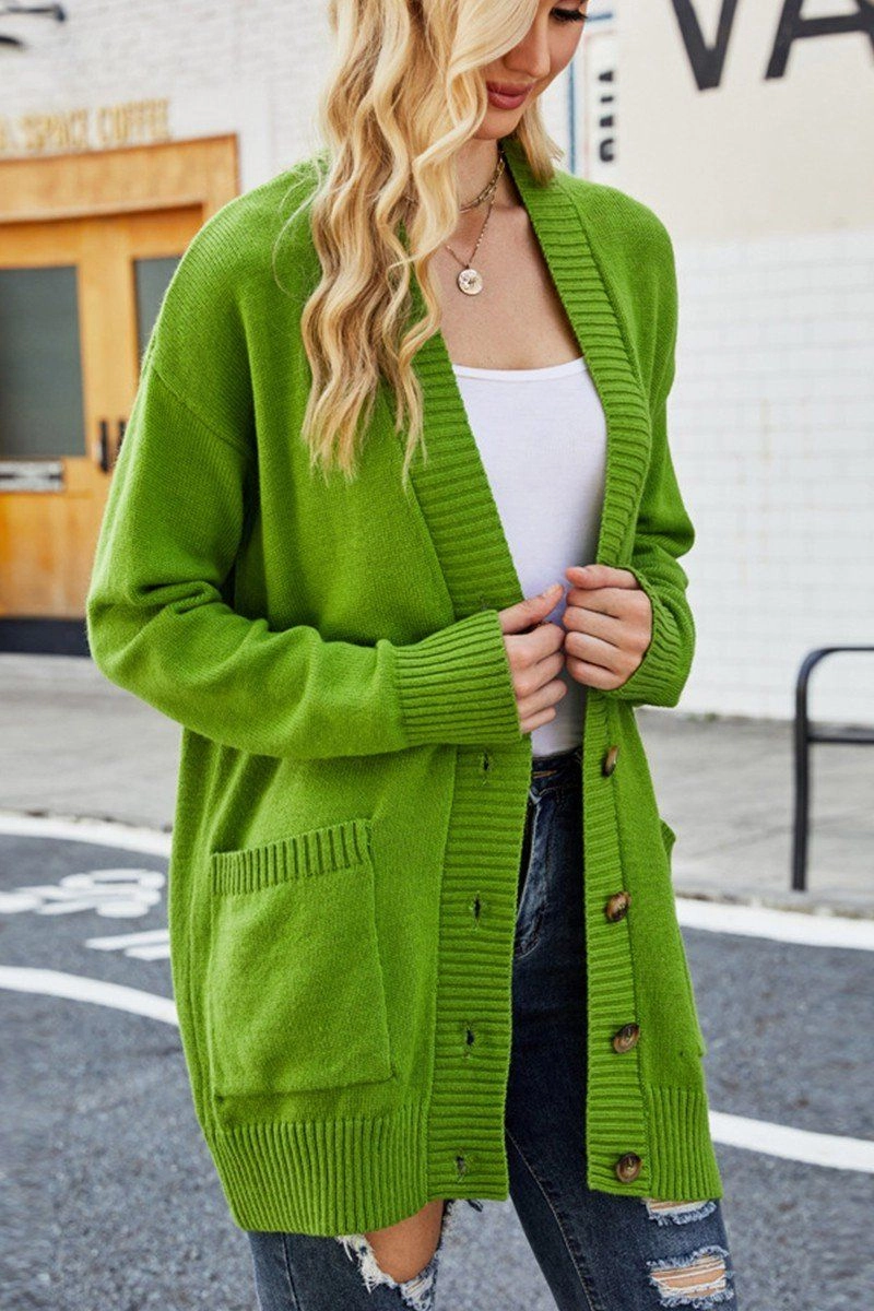 BUTTON CLOSURE RIBBED KNIT CARDIGAN WITH POCKETS Sporty Blouse CushionedSupport