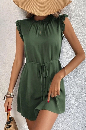 ANGEL WING SLEEVE WRINKLED NECK STRING WAIST DRESS Elegant holiday wear Sleek and Sleek