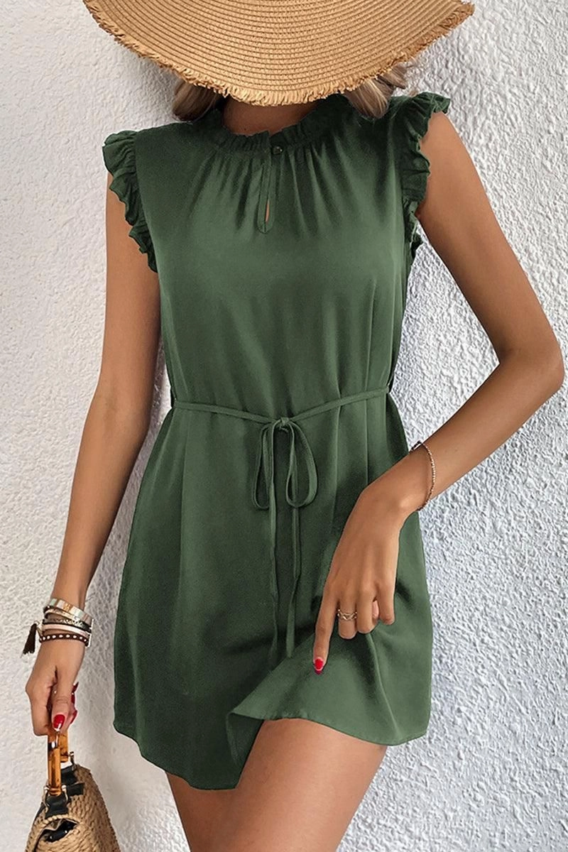 ANGEL WING SLEEVE WRINKLED NECK STRING WAIST DRESS Satin-Edge