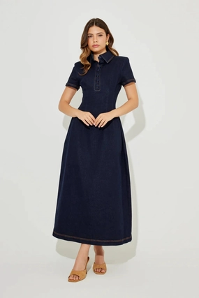 The Ultimate Muse Denim Collared Midi Dress Blue Jewel Accent Minimalist-Style