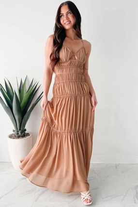 MoistureWickingTechnology Fall Go Strolling In Sicily Ruched Maxi Dress (Tan)