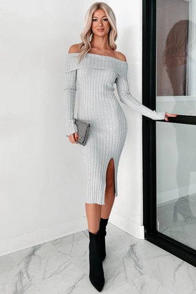 Neutral Form Leah Off The Shoulder Sweater Dress (Light Heather Grey)