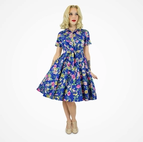 Spring Short Sleeve Blue Floral Circle Dress #SSSFD WrinkleResistantFinish Polished Style