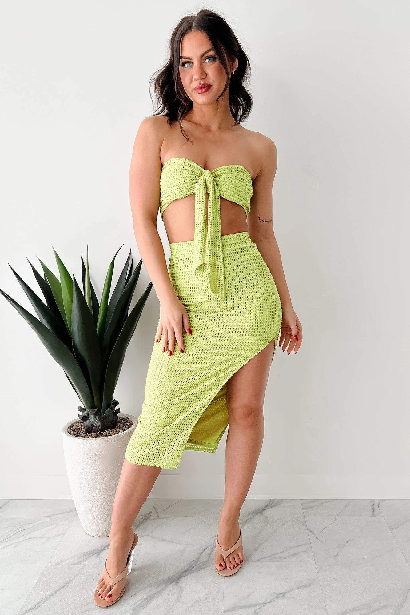 Flawlessly Loud Textured Knit Bandeau & Skirt Set (Kiwi) Holiday Travel