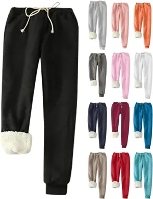 Fleece Lined Pants Women Plus Size Winter Sweat Pants Warm Thick Joggers Elastic Waist Sweatpants with Drawstring