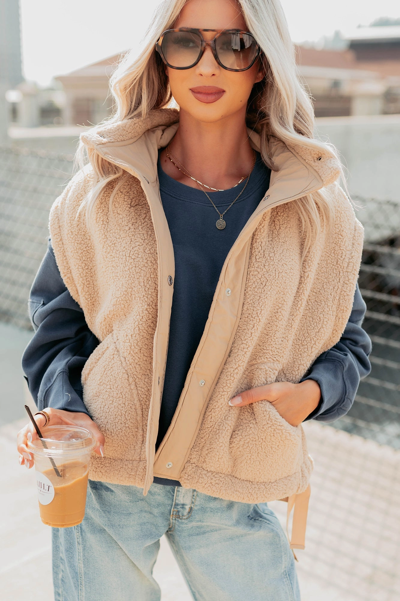 Dream Ahead Fleece Side Tie Vest (Tan) Compact Stitching