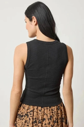 Printed Blouse Rib Slub Side Pleat Tank Black