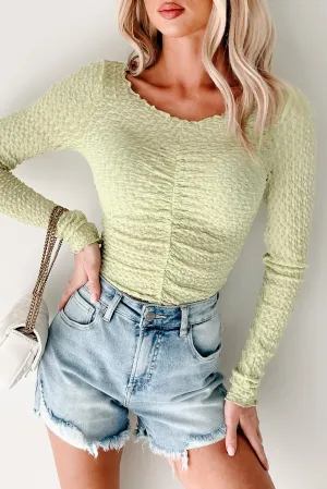 Heart Skipping Textured Long Sleeve Top (Green Tea) High Neckline Yarn Dyed Pattern Cloth