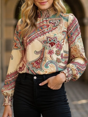 Odor Resistant Coating Retro Bohemian Print Turtleneck Long Sleeve Top