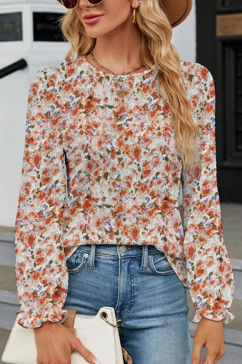 WOMEN FLORAL RUFFLE SLEEVE ROUND NECK FALL BLOUSE Durable Stitch Pattern