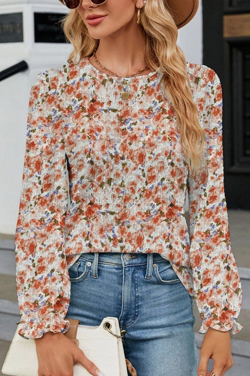 Activewear Top WOMEN FLORAL RUFFLE SLEEVE ROUND NECK FALL BLOUSE