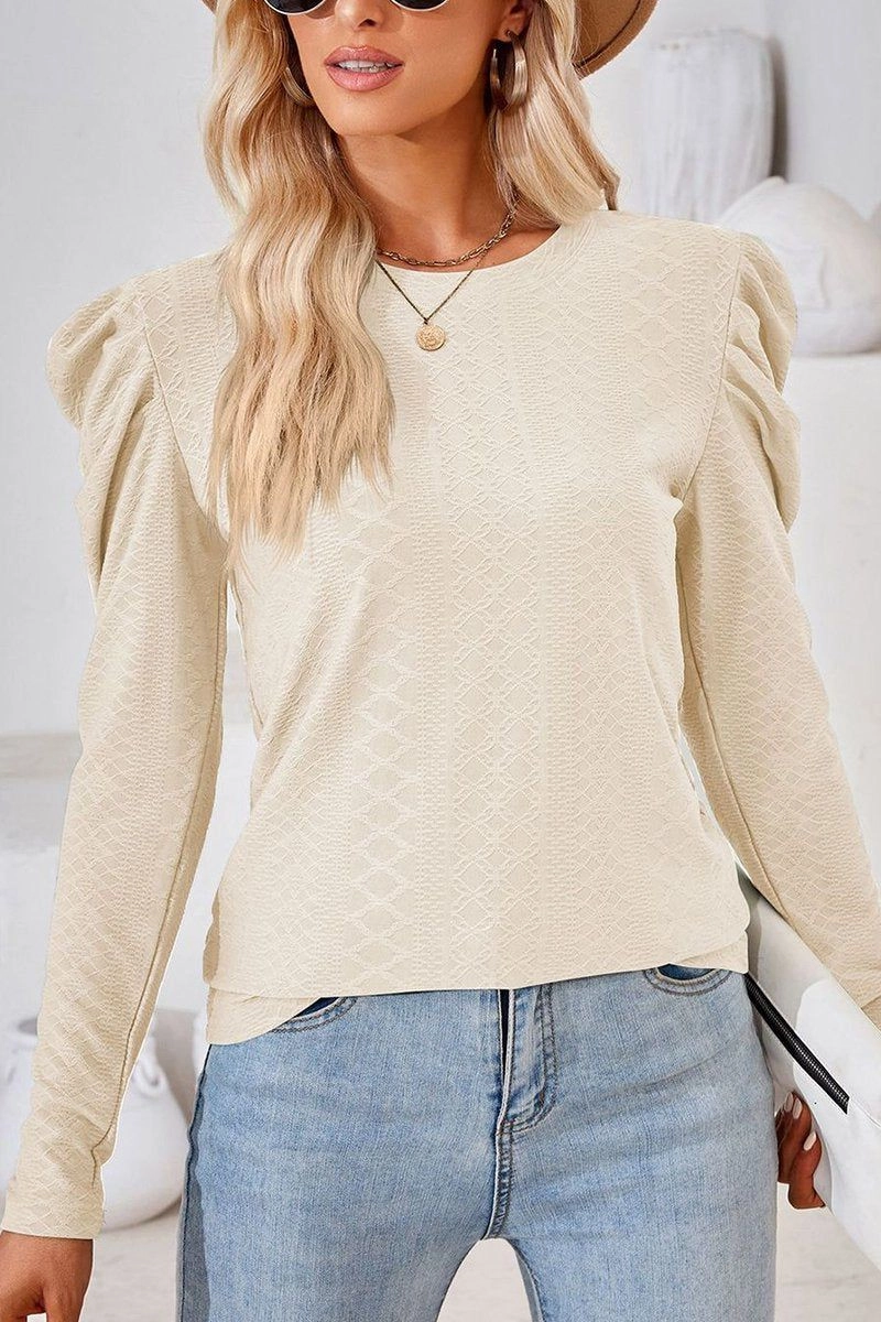 PlacketDetail Brushed Interior CREW NECK PUFF SLEEVE BLOUSE TEE FOR WOMEN
