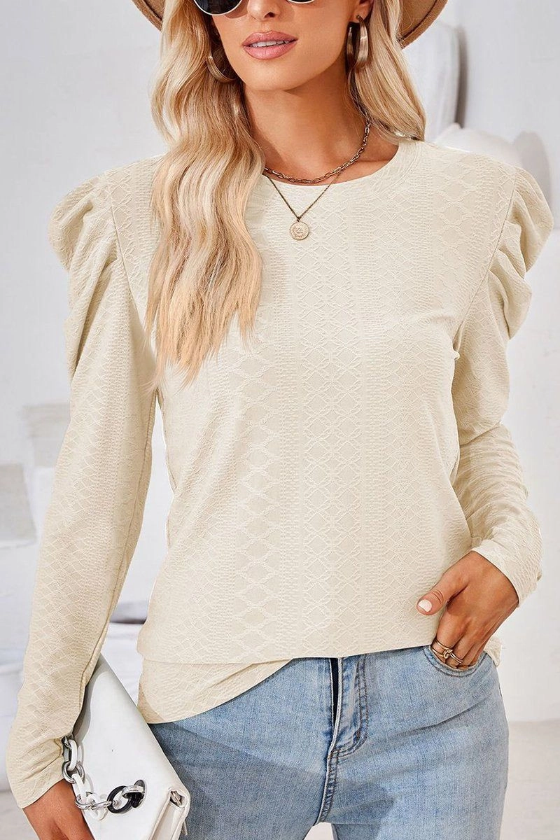 Silicone Print Detail CREW NECK PUFF SLEEVE BLOUSE TEE FOR WOMEN