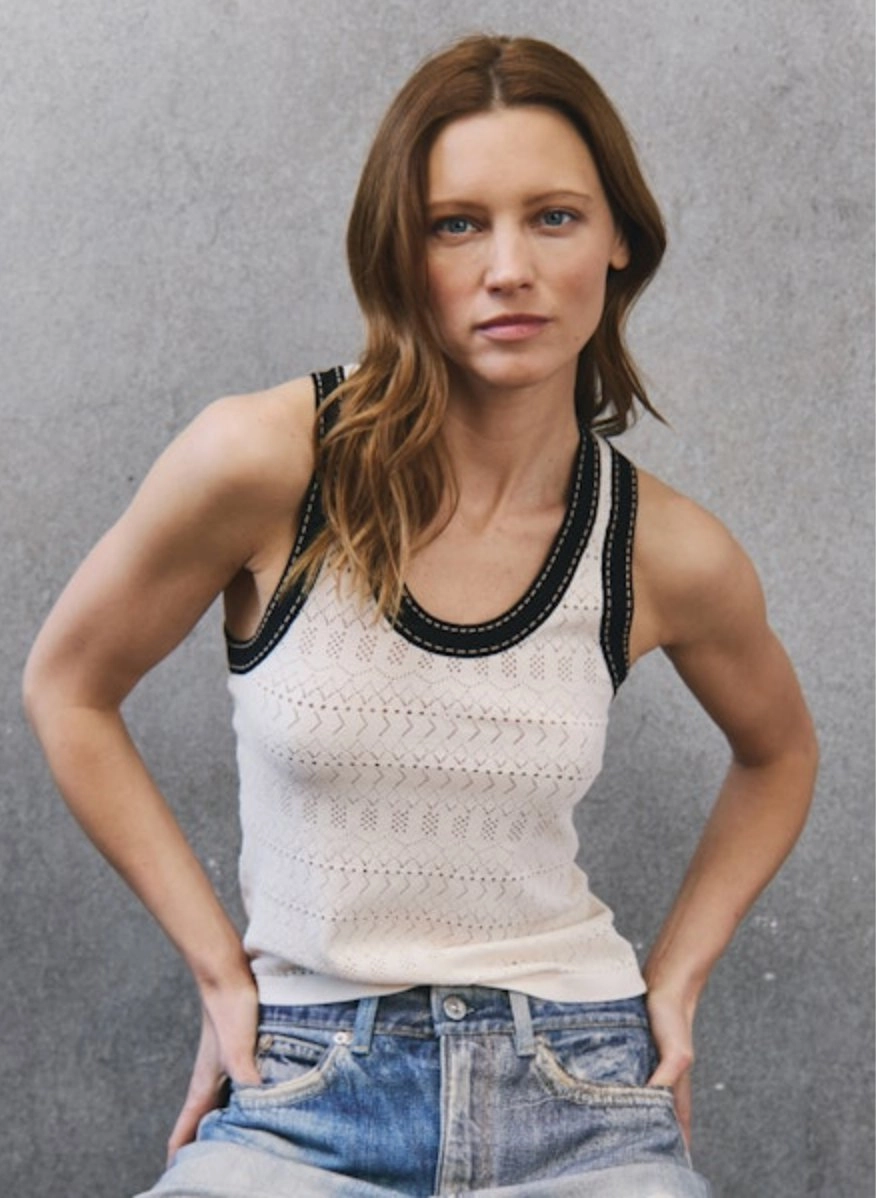 Pointelle Racer Back Tank Saddle Stitching Sand FeatherlightConstruction High Stretch Fabric