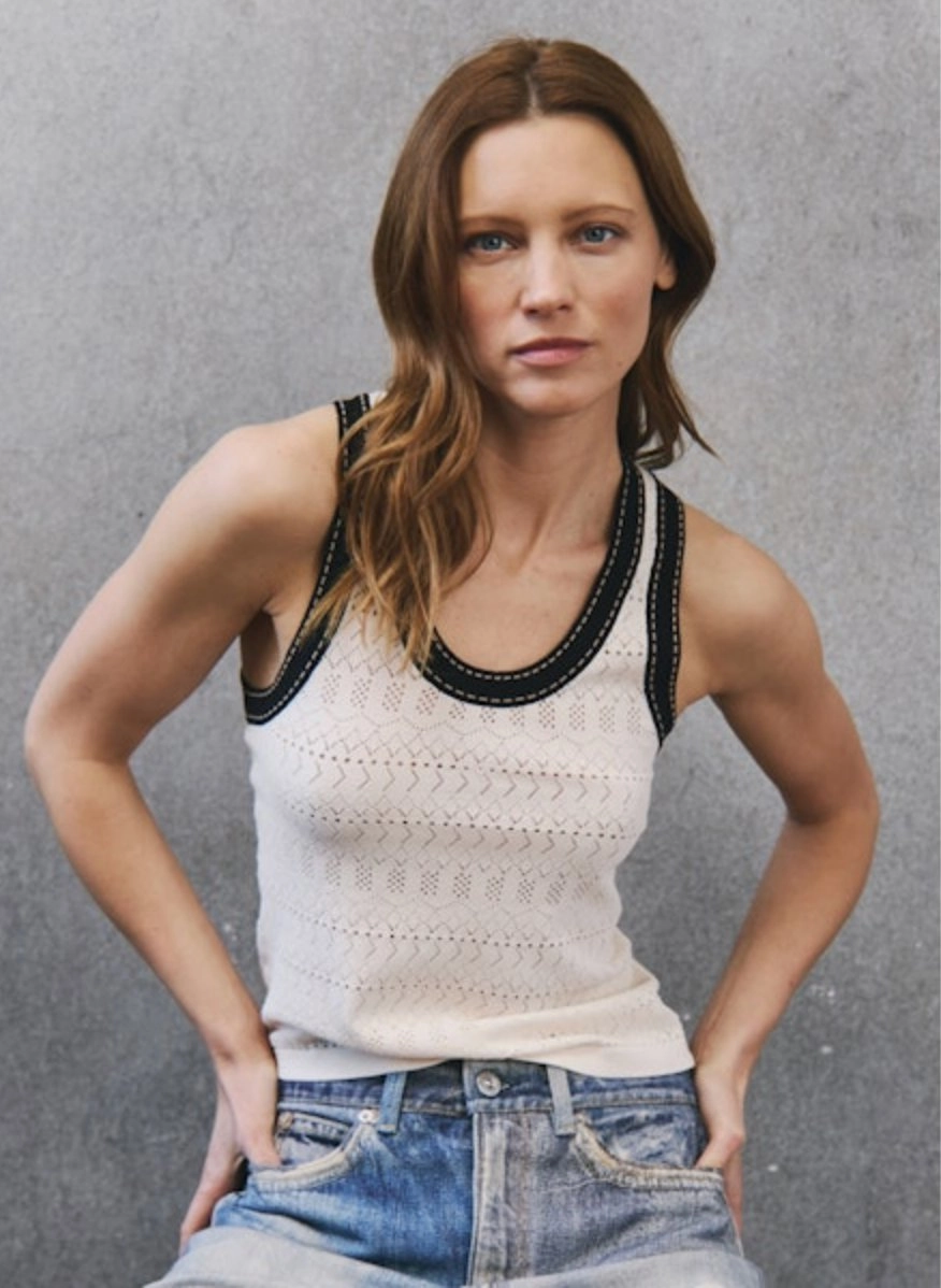 Stretchable Knit Pointelle Racer Back Tank Saddle Stitching Sand