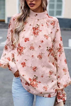 WOMEN LOOSE FIT HIGH NECK FLORAL PRINTING BLOUSE AntiPilling Technology AdjustableNeckline