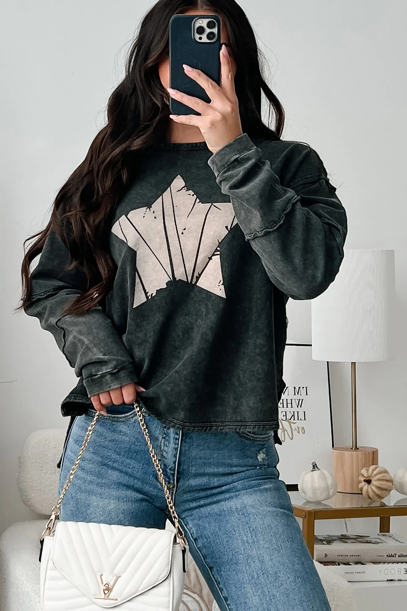 casual top All Day Comfort Your Focal Point Mineral Wash Star Graphic Top (Black)