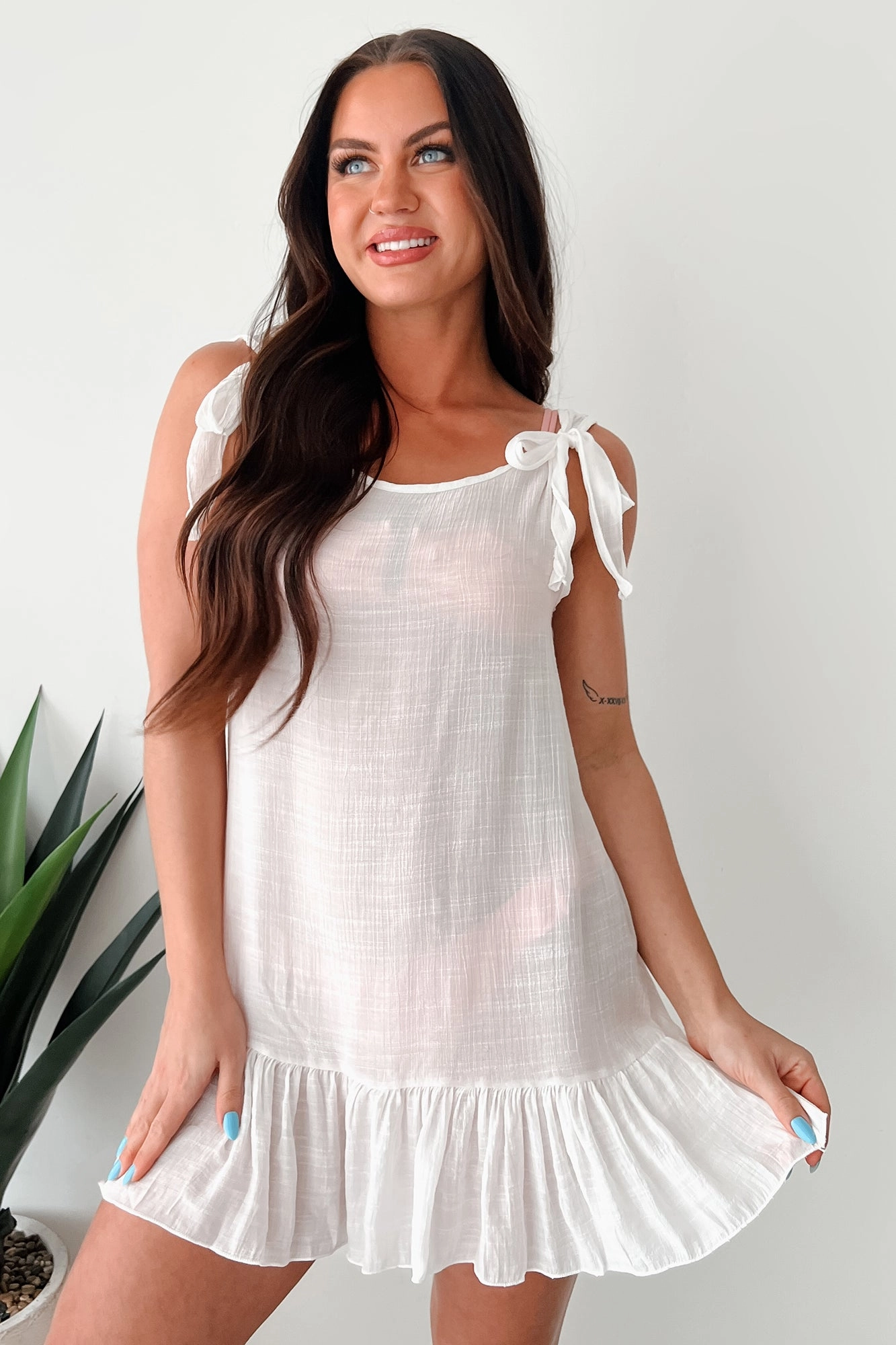 Flip-Flop Weather Linen Cover Up Dress (White) Off-Shoulder