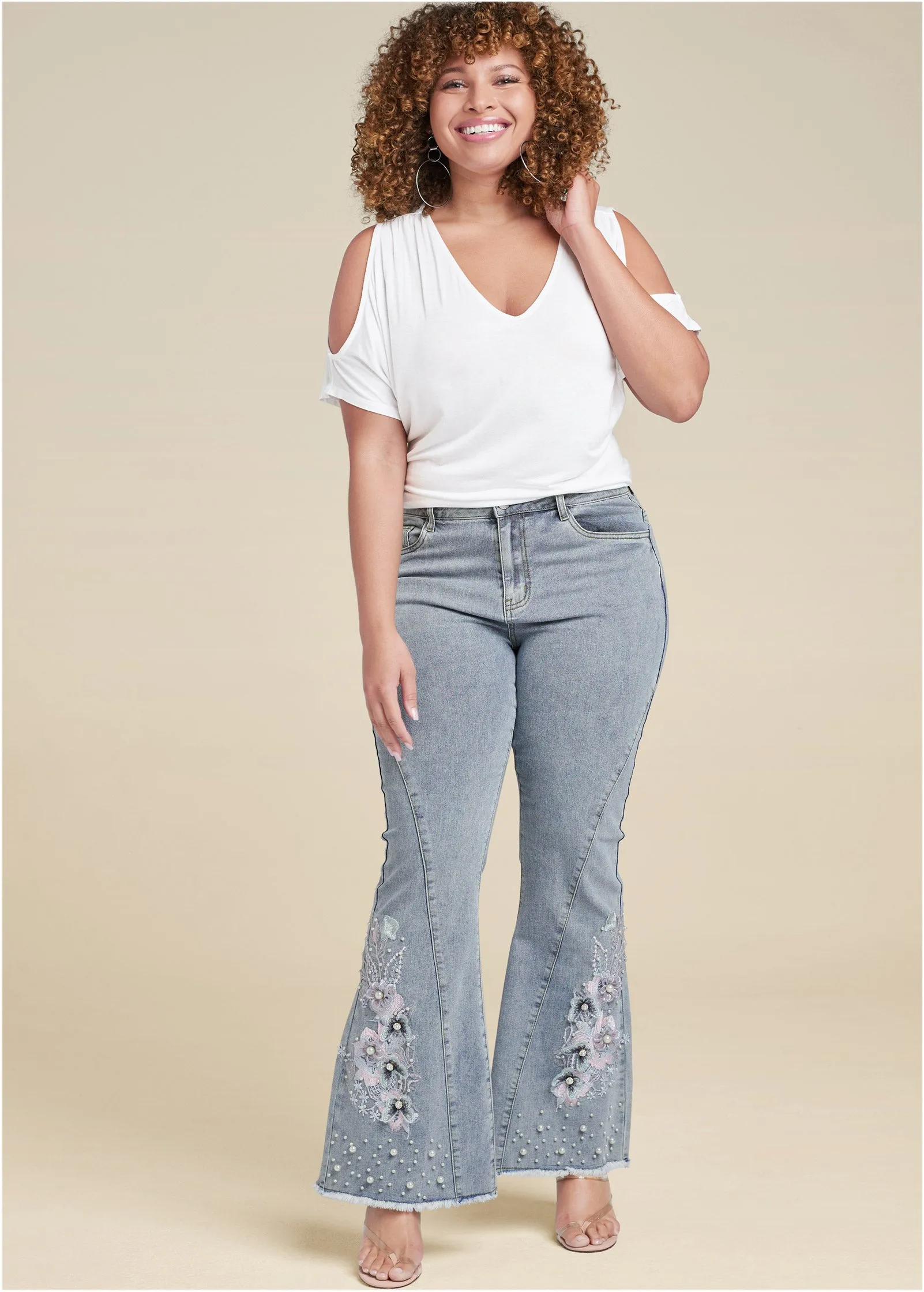 Floral Applique Jeans - Light Wash