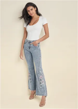 Floral Applique Jeans - Light Wash