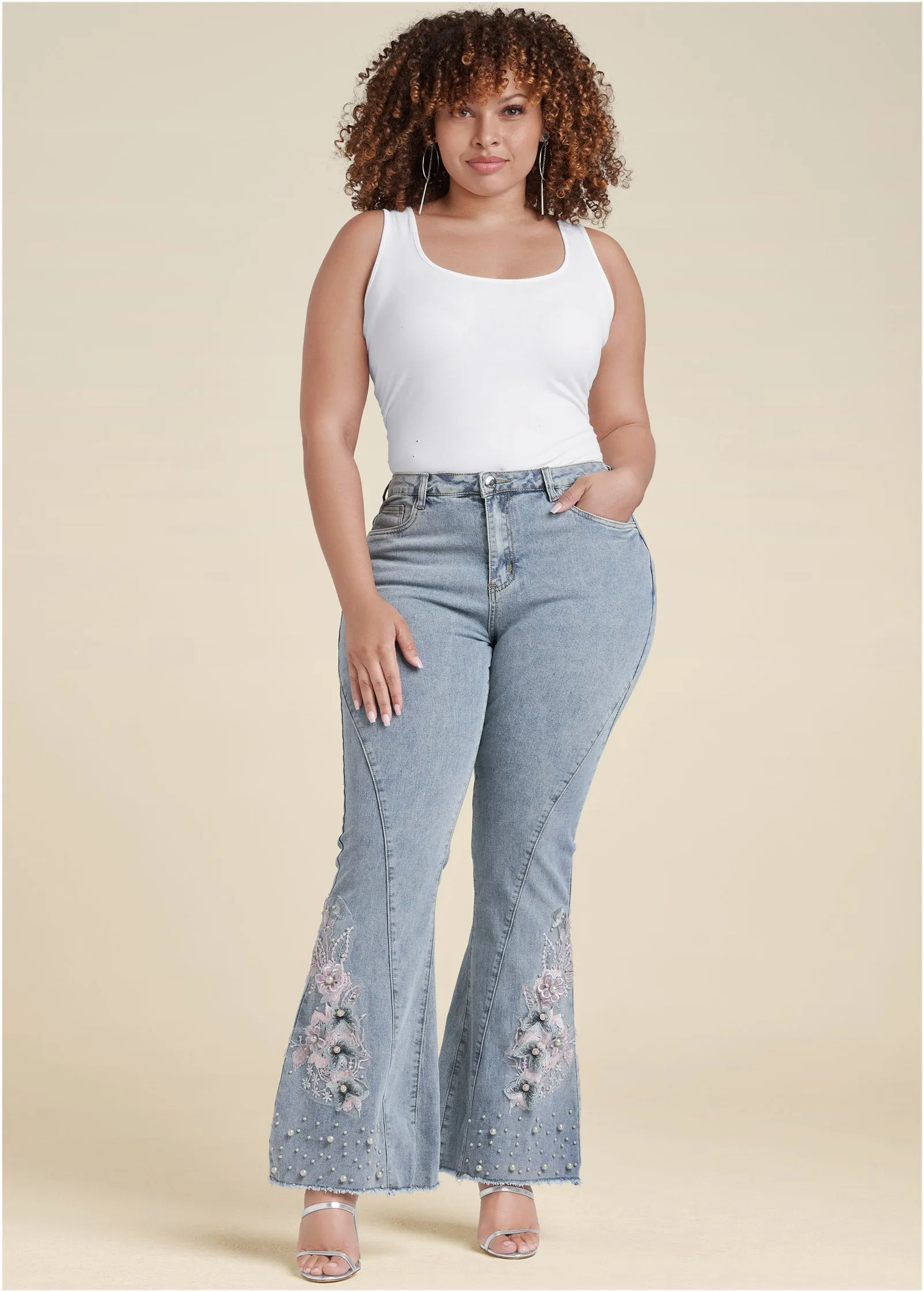 Floral Applique Jeans - Light Wash